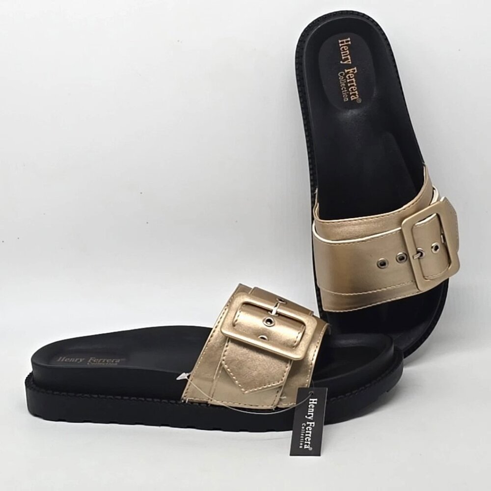 Henry Ferrera Gold Buckle Faux Leather Slip on Slide Sandal Women's Size 8